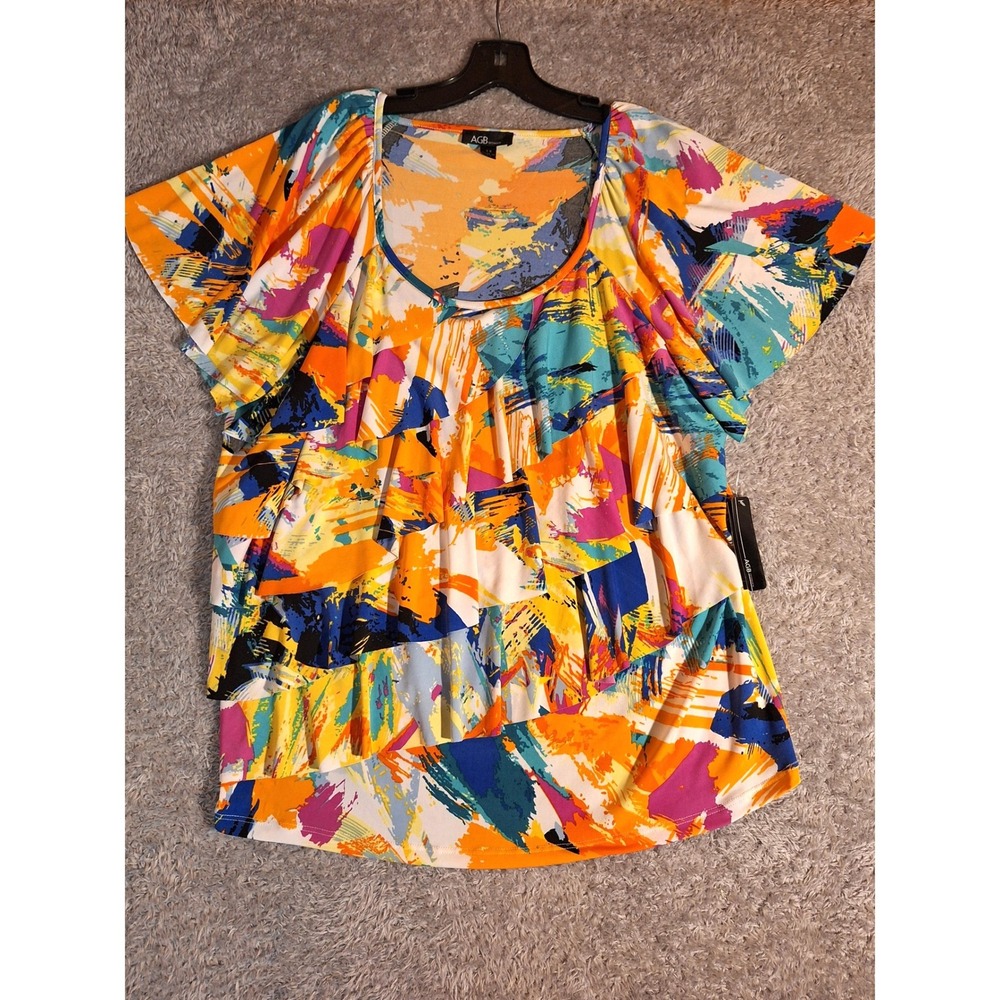 AGB Woman Plus Size 3X Colorful Tiered Ruffle Top Abstract Print 3448G48 NWT USA